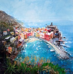 View of Vernazza by Tom Butler - Original Collage on Board sized 30x30 inches. Available from Whitewall Galleries